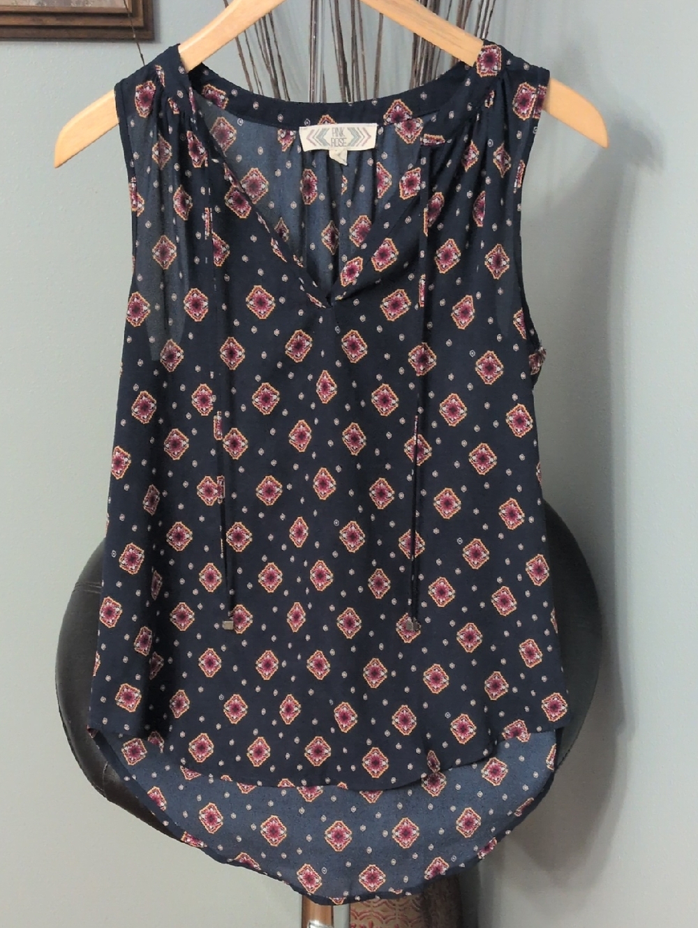Pink Rose Navy and Pink Printed Tie-Neck Camisole
